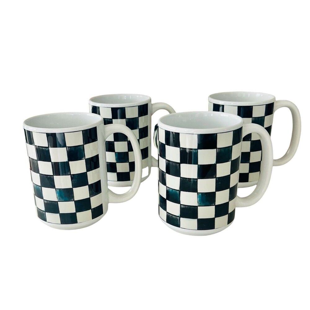 Black & White Checkerboard Ceramic Coffee Mugs – 15 oz – Set of 4